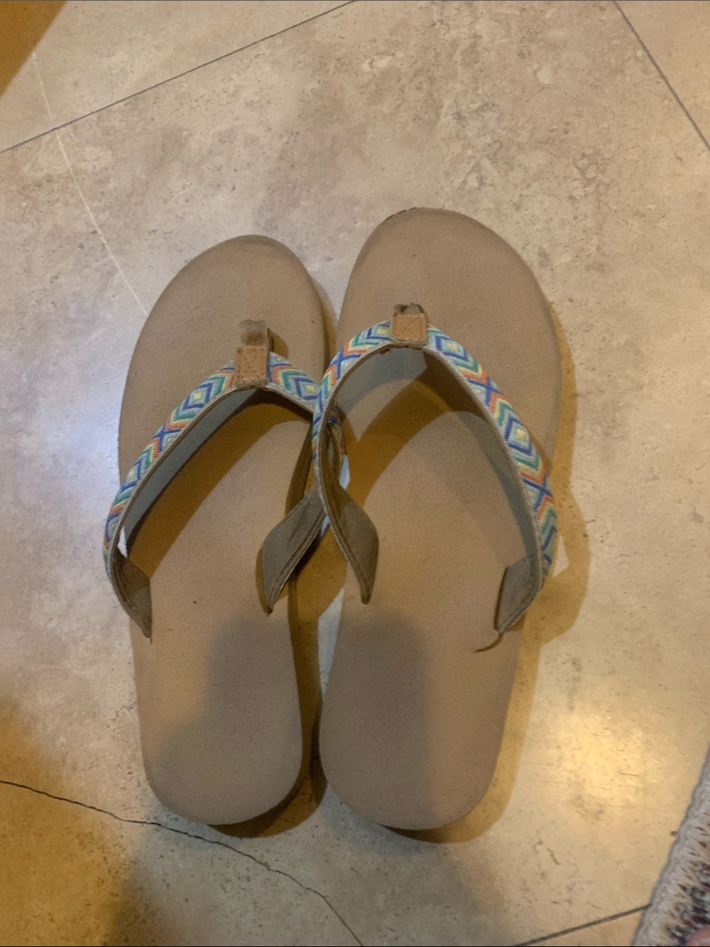 Neutral Beige Flip Flops with Multicolor Patterned Straps